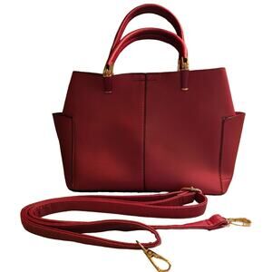 Red Vegan Leather Hand or Shoulder Bag Removable Strap Gold Accents 12 x 8 x 5